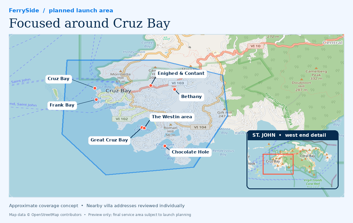 Map of western St. John showing planned coverage around Cruz Bay: Frank Bay, Enighed and Contant, Bethany, Chocolate Hole, Great Cruz Bay and the Westin area. Nearby villa addresses are reviewed individually.